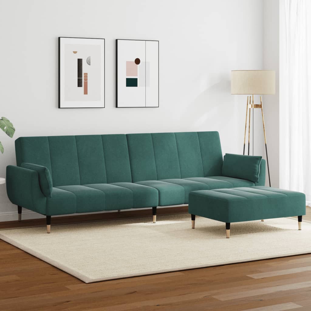 2 Seater Sofa Bed with Footstool Dark Green Velvet