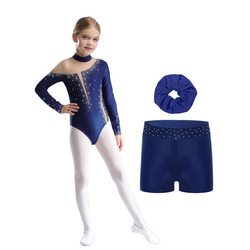 Girls Figure Skating Outfit Long Sleeve Leotard Keyhole Back Sheer Mesh Patchwork Sparkly Rhinestones Set