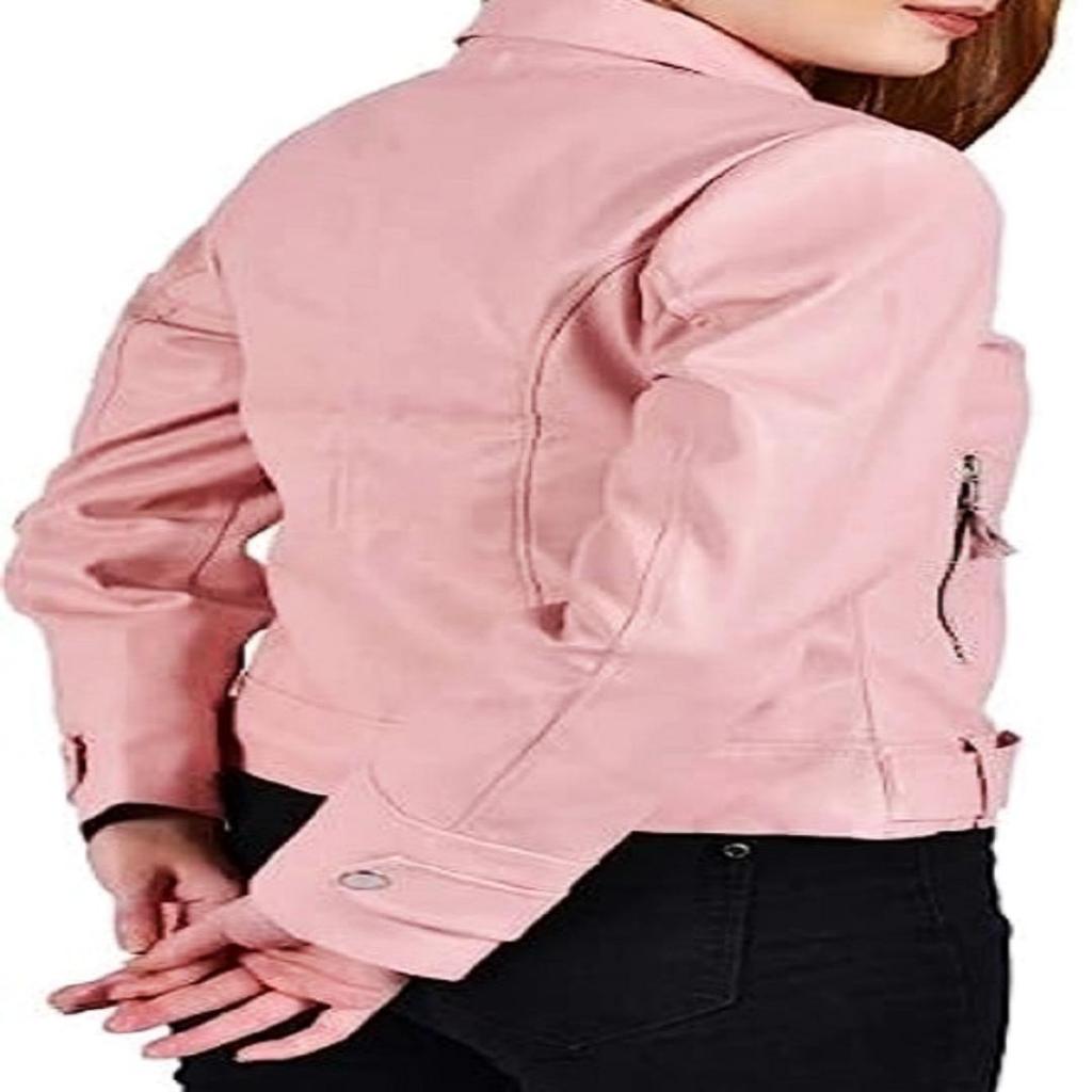 NOORA Womens Lambskin Baby Pink Leather Biker Jacket With Zipper & Pocket | Shoulder Strap | Full Sleeves |
