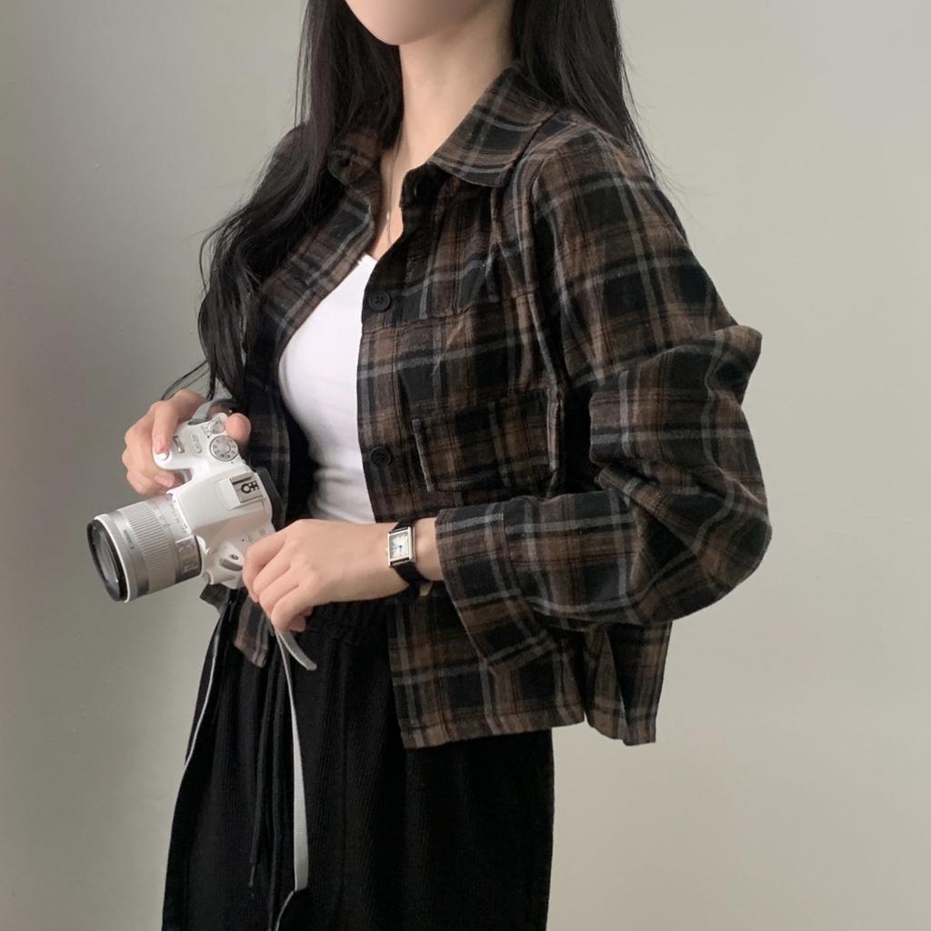 Korean Chic Autumn Short Long Sleeved Checkered Shirt for Women