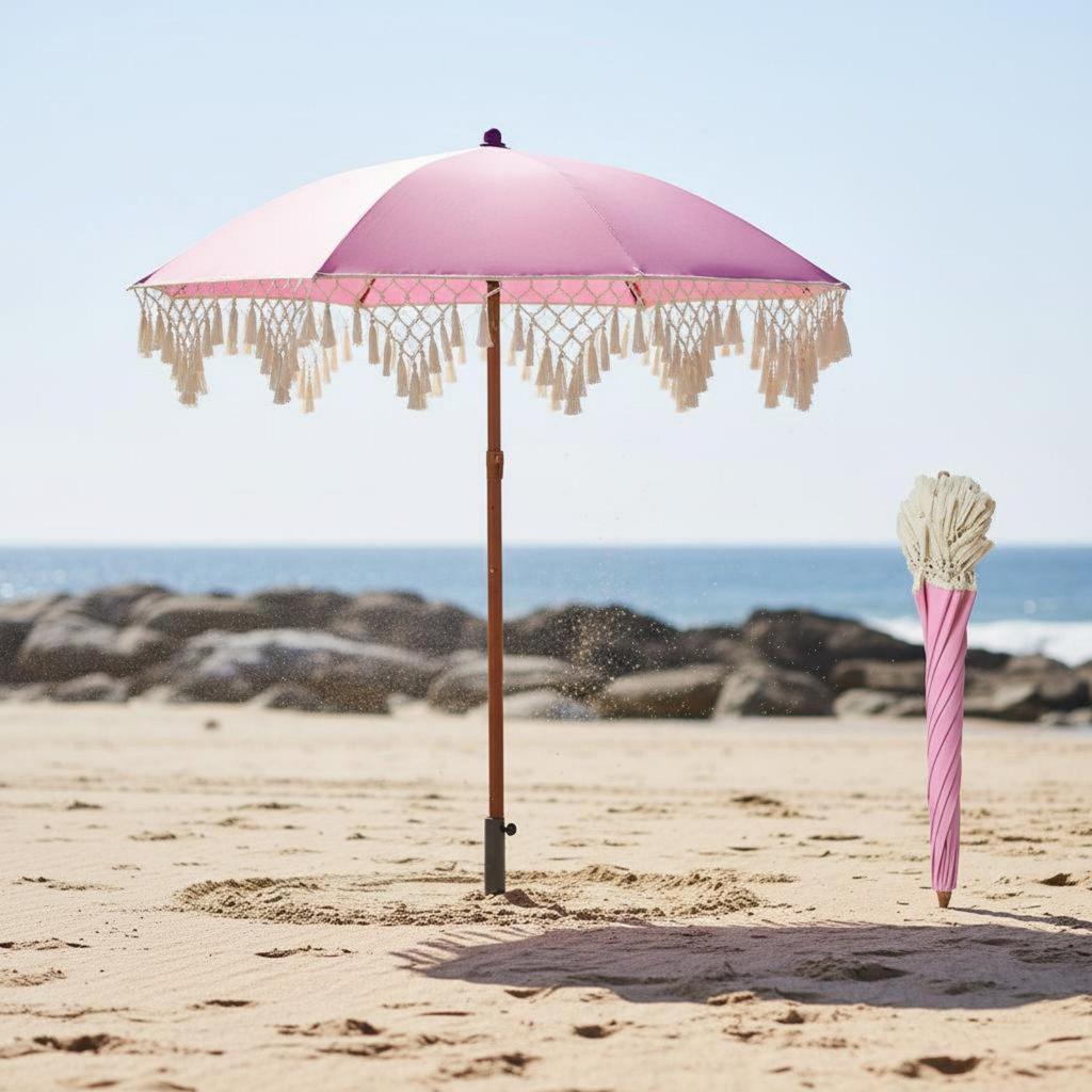 Tassel Patio Umbrella Portable Beach Sturdy 8-Rib Construction