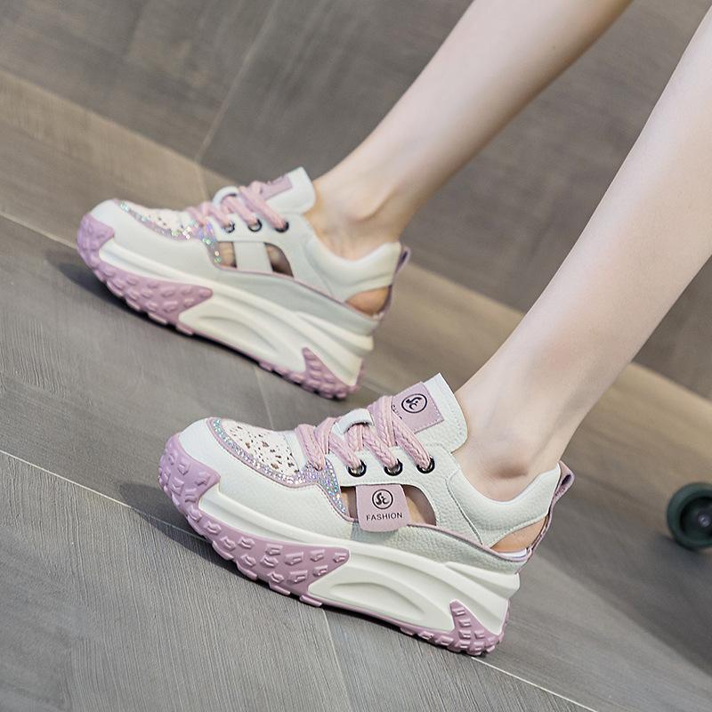 Leather Hollow Dad Shoes Women's Summer 2025 New Retro Lightweight Inner Height Increase Casual Sports Shoes Platform Sandals
