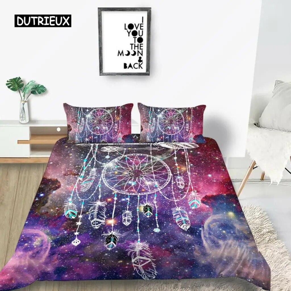 Dream Catcher Duvet Cover Set Kids Bohemian Mandala Boho Chic Feather Bedding Set Full Size Tie Dye Purple Polyester Duvet Cover three-piece set