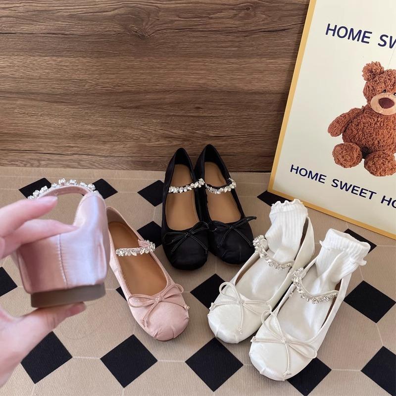 Sheepskin version small man inner height increase 5cm ballet shoes women's spring and autumn rhinestone bow light mouth satin shoes