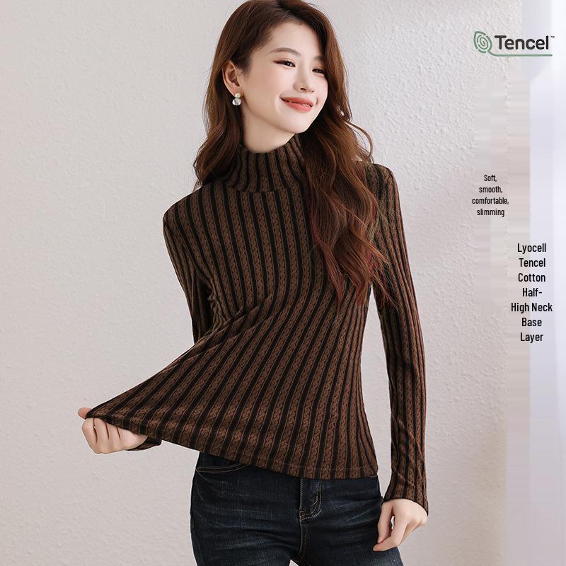 

Women s Striped Lyocell High Neck Long Sleeve T-shirt Medium кофейный