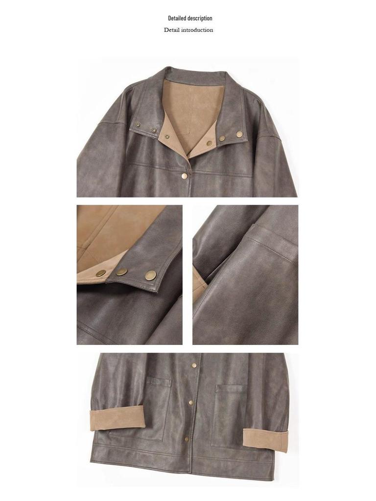 Women's Single-Breasted Reversible Leather Jacket In Coffee - Loose Fit, Casual Top for Early Spring 2025