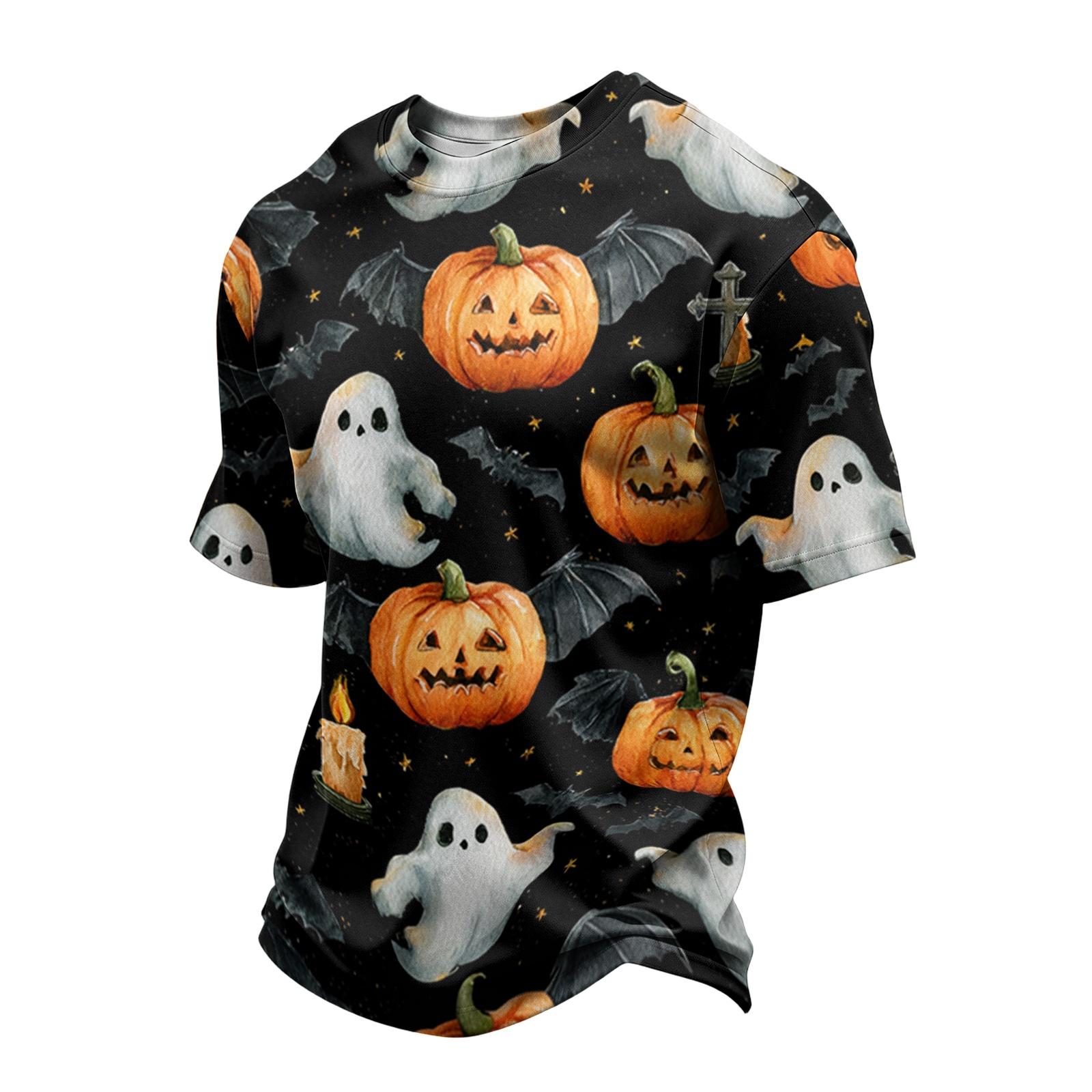 Men’s Casual Crew Neck Short Sleeve Lightweight Breathable T-Shirt with Halloween Pumpkin and Print for Everyday Wear L чёрный