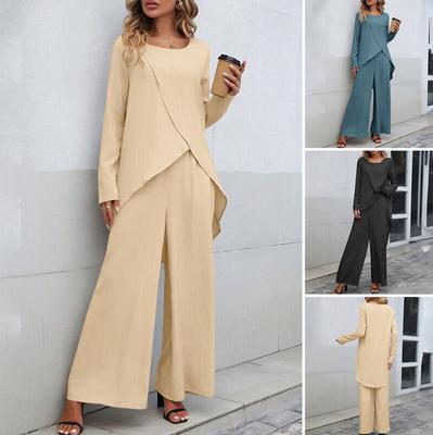 Zweiteiliges Set mit langärmeligem Oberteil und unregelmäßigem Saum für Damen, elastischer Bund und Hose mit weitem Bein