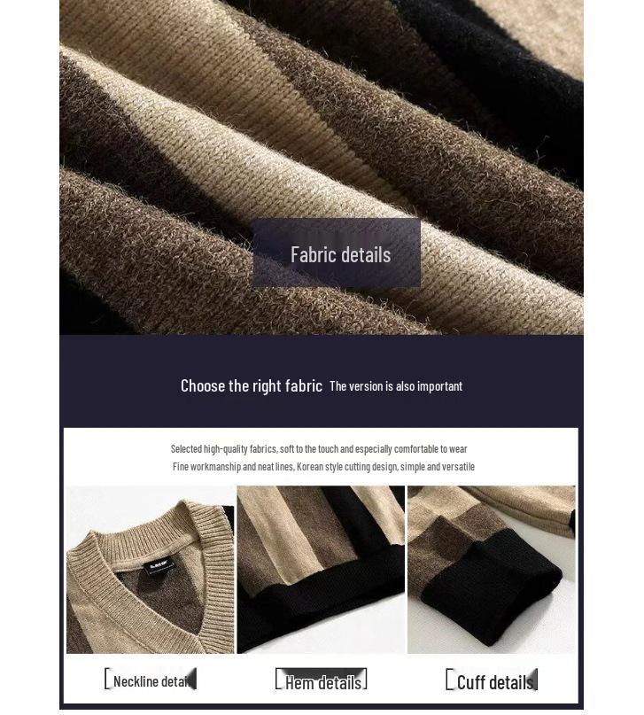 Men's Korean Striped V-Neck Knit Sweater - Autumn/Winter Loose Fit Long Sleeve Pullover