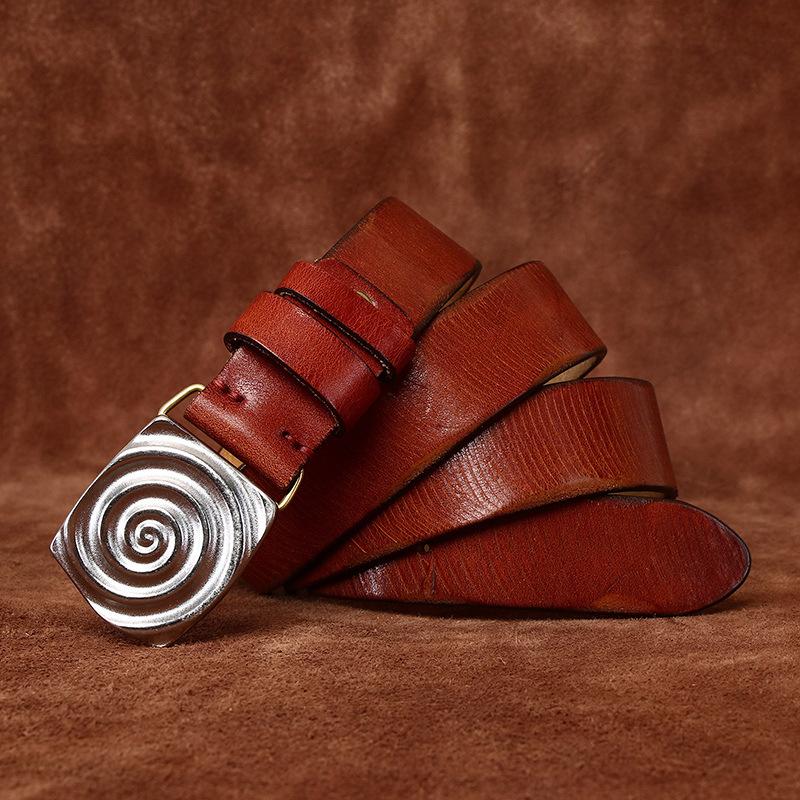 

Ремень мужской ретро модный уникальный Pull Wind гладкая пряжка натуральная кожа пряжка стираный первый слой коровьей кожи джинсовый ремень 130cm