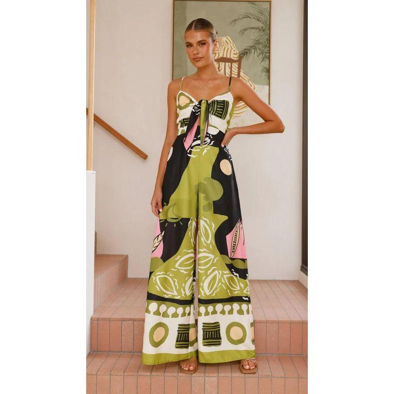 

European and American 2025 New Waist Hugging Tie Sling Knot Wide Leg Straight Jumpsuit Green XL