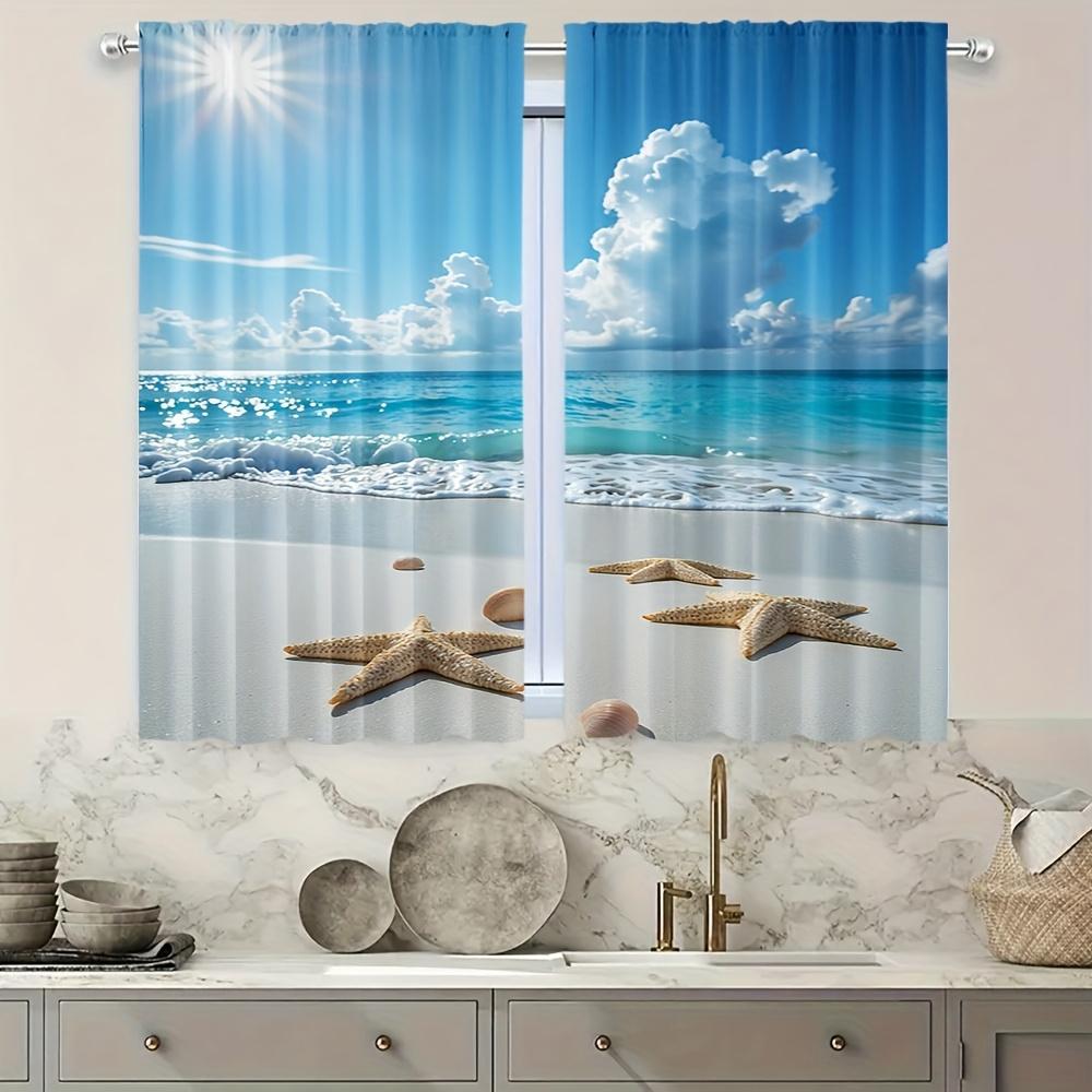 2pcs Starfish & Seascape Print Curtains - Serene Beach Scene with Waves, Sand, and Starfish - Semi-Transparent, Machine Washable 60×150cm