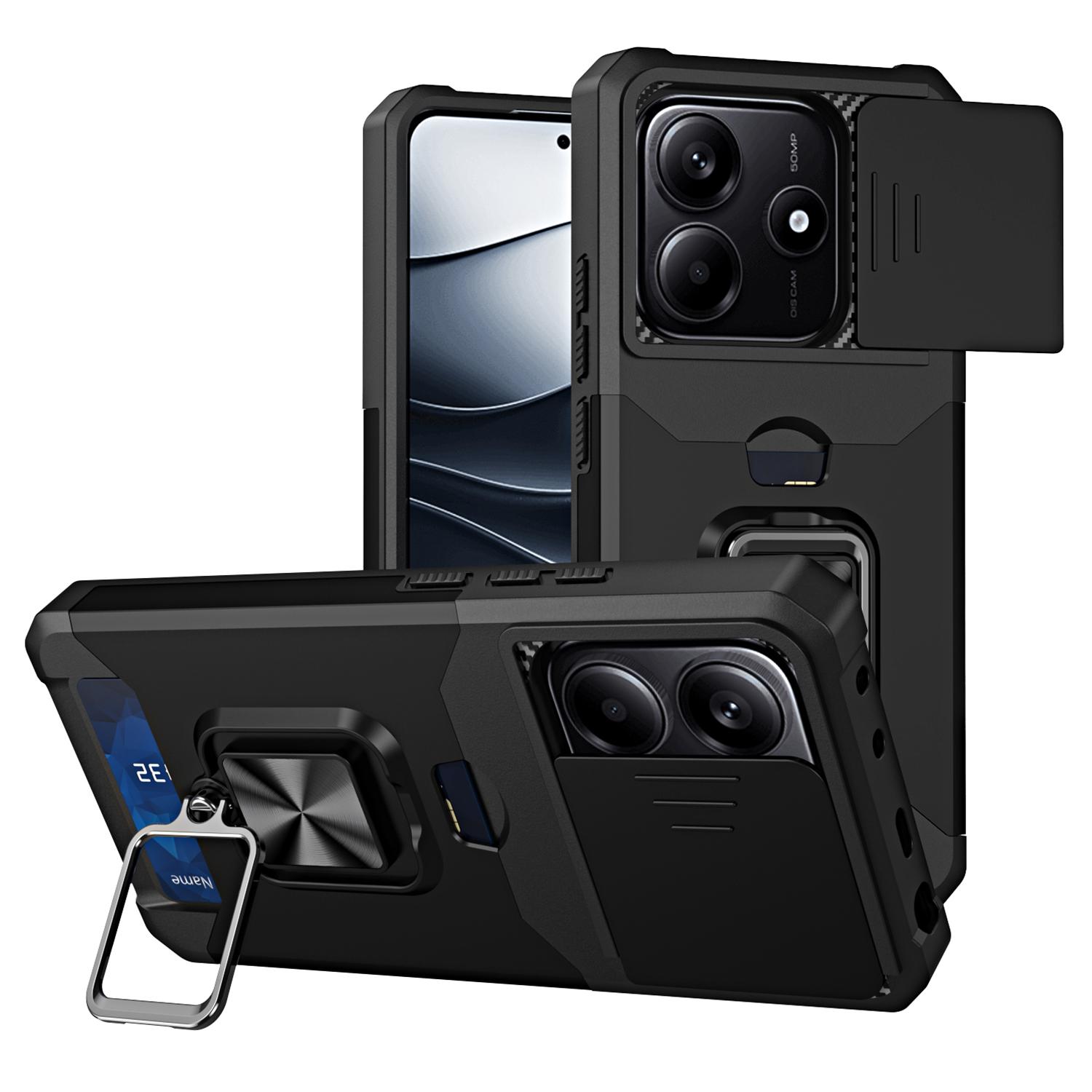 

For Xiaomi Redmi Note 14 4G (163.25mm)/Note 14 5G Case Kickstand Slide Lens Lid PC+TPU Phone Cover with Card Slot Black