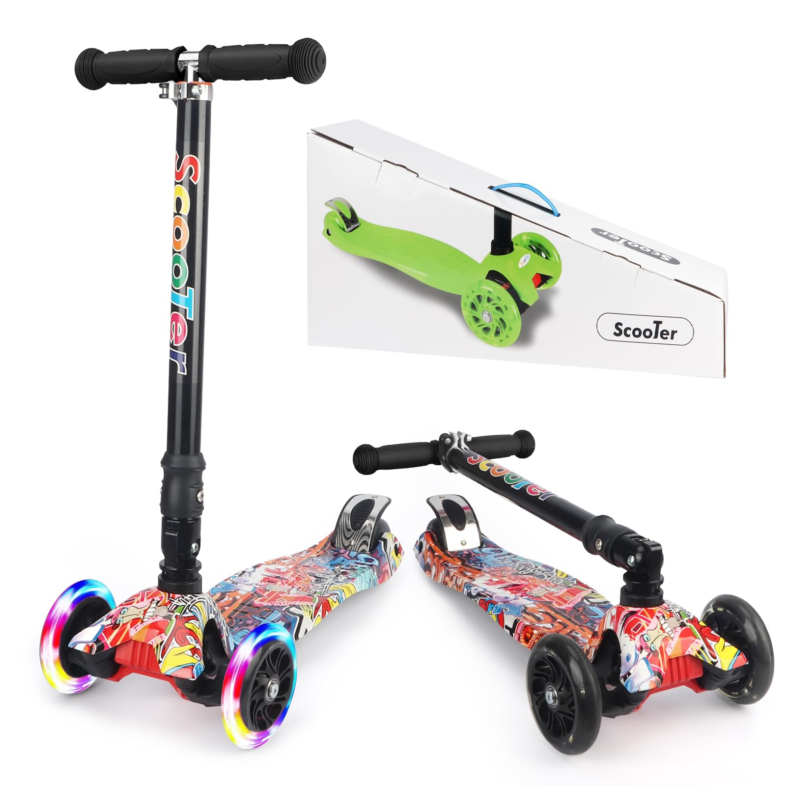 

LittleSo Кикборд для 4 ростов, со светящимися светодиодами, вес 50 кг, подарок на день рождения для мальчиков и девочек, самокат с граффити, трехколесный, детский, регулируемый,