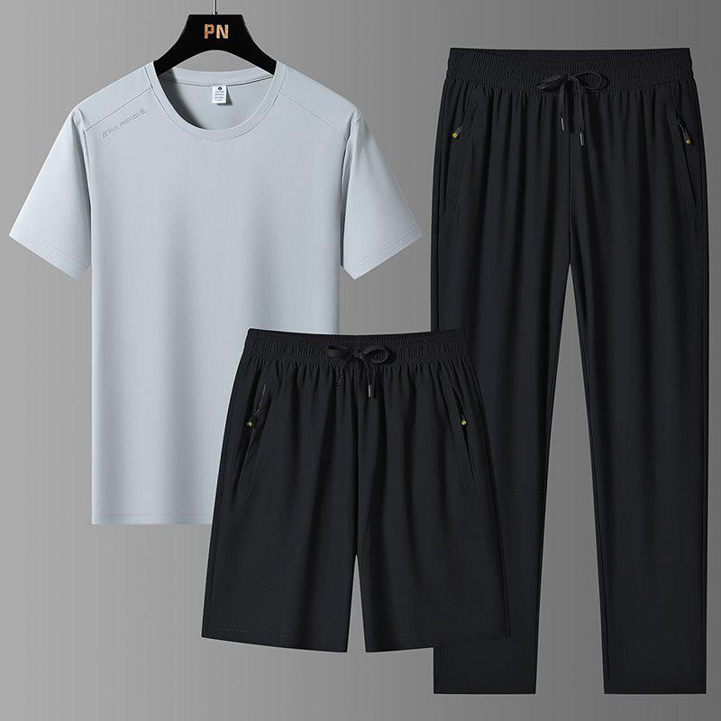 Completo estivo da uomo in seta ghiaccio a tre pezzi: T-shirt Girocollo, Pantaloncini e Pantaloni Lunghi Tuta Sportiva Casual