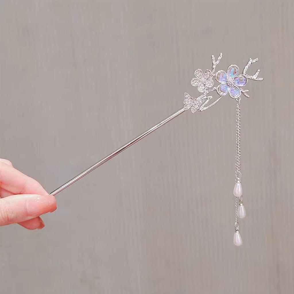 Woman Elegant Hair Jewelry Shiny Rhinestone Flower Butterfly Headpiece Pearls Pendant Hair Pin Silver Color Alloy Hair Sticks