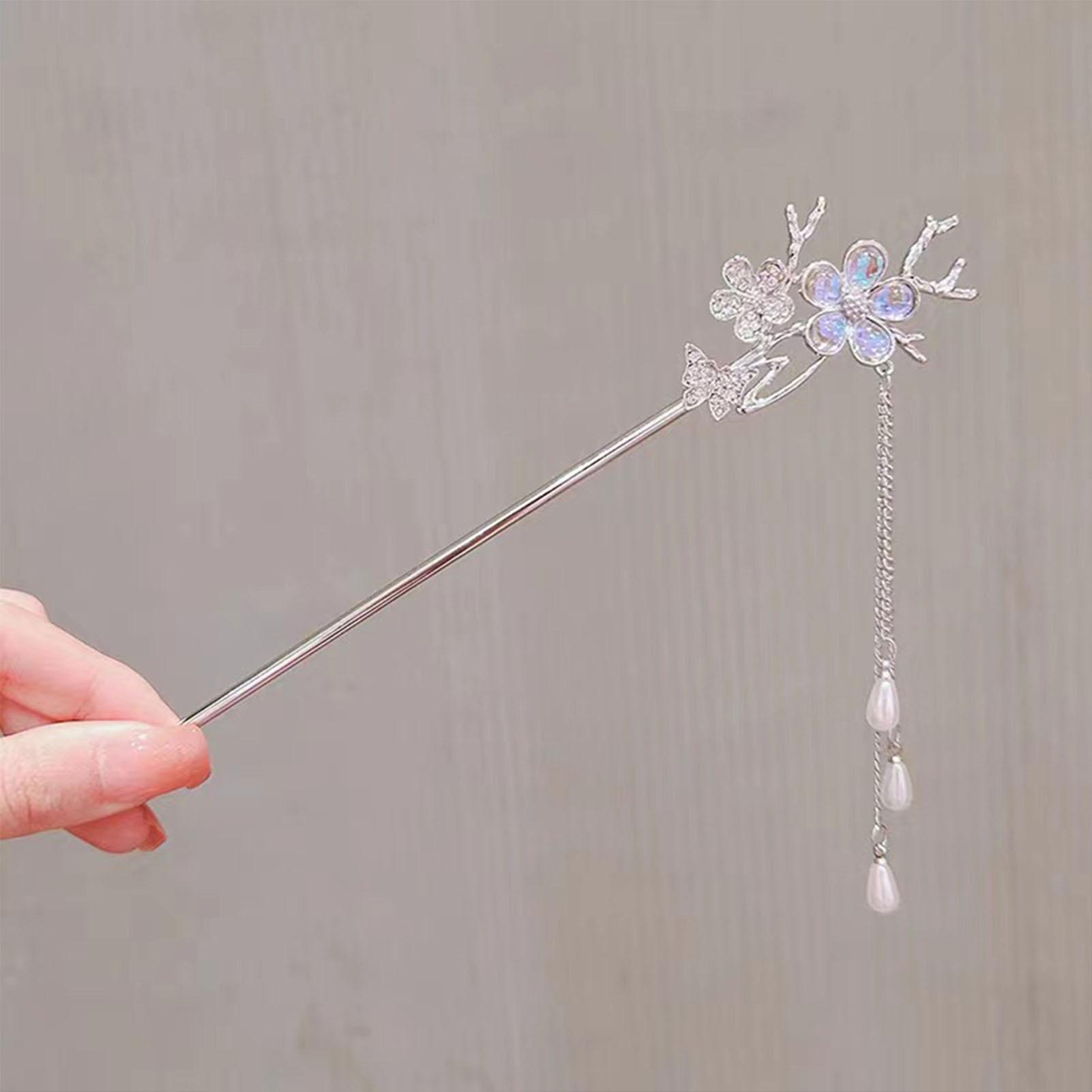 

Woman Elegant Hair Jewelry Shiny Rhinestone Flower Butterfly Headpiece Pearls Pendant Hair Pin Silver Color Alloy Hair Sticks
