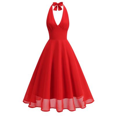 European Retro V-Neck Halter Dress - High Waist, Open Back, Mid-Length with Large Hem.