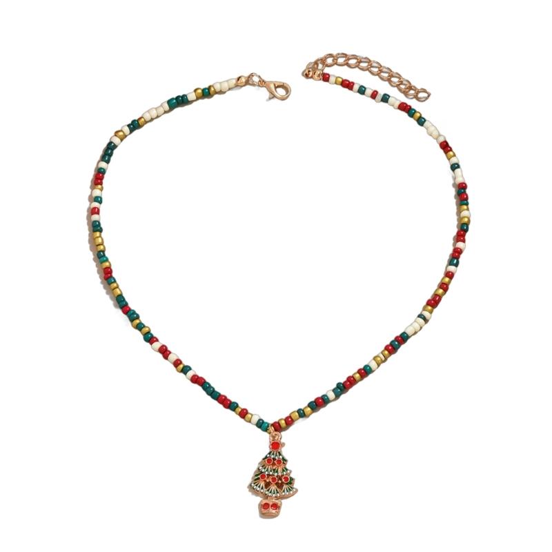 Rice Beads Christmas Tree Necklace Handmade Christmas Necklace for Women Colorful Beads and Festive Ornament Charm