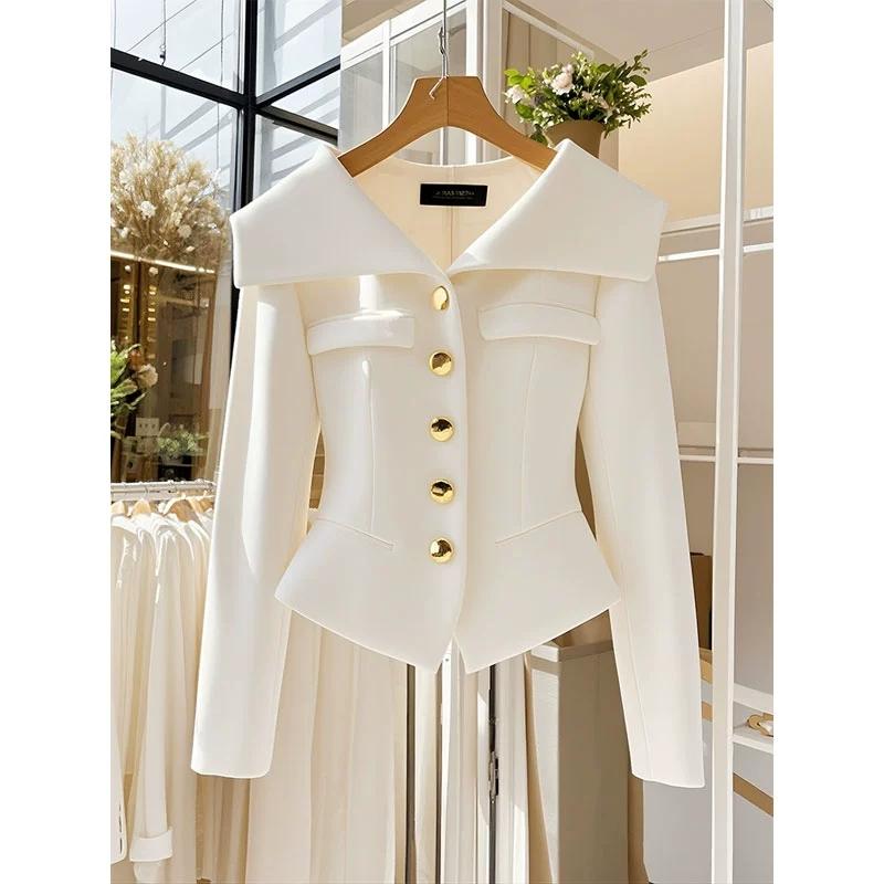 Autumn Women's White Coat Waist Long Sleeve Slim Chic Short Outwear High-End Solid Color Top Clothing Office Jackets Ladies