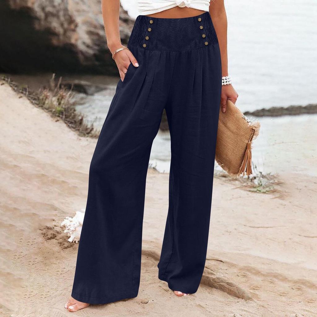 Women's Loose Cotton Linen High Waist Wide Leg Pants - Spring/Summer Casual Elastic Waist