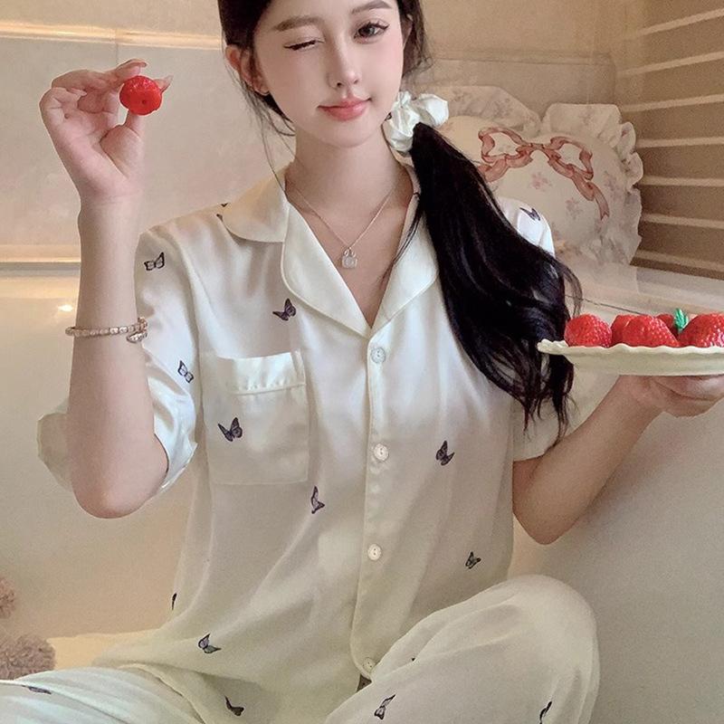 Butterfly Printing Ice Silk Summer High-Value Pajamas Women'S Short-Sleeved Trousers Loose Loungewear Foreign Trade