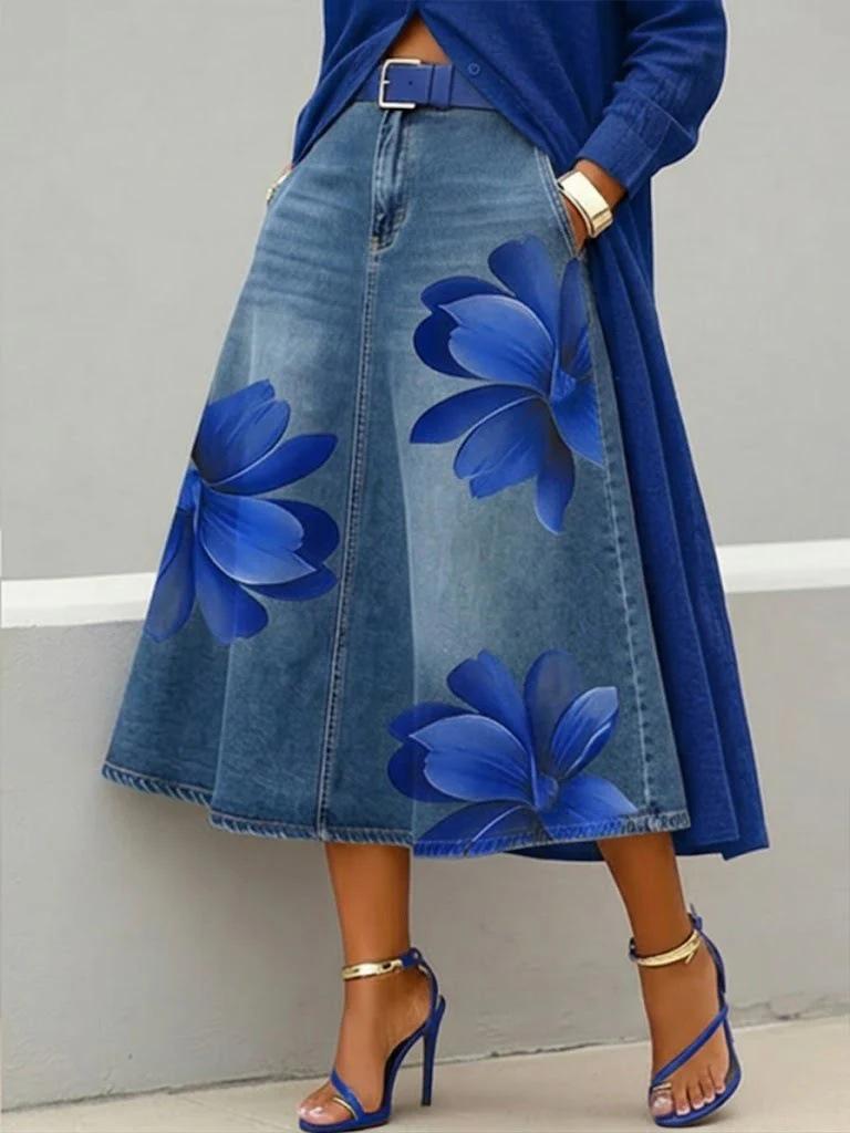 2026 European & American Fashion Faux Denim Floral Women's Half Skirt