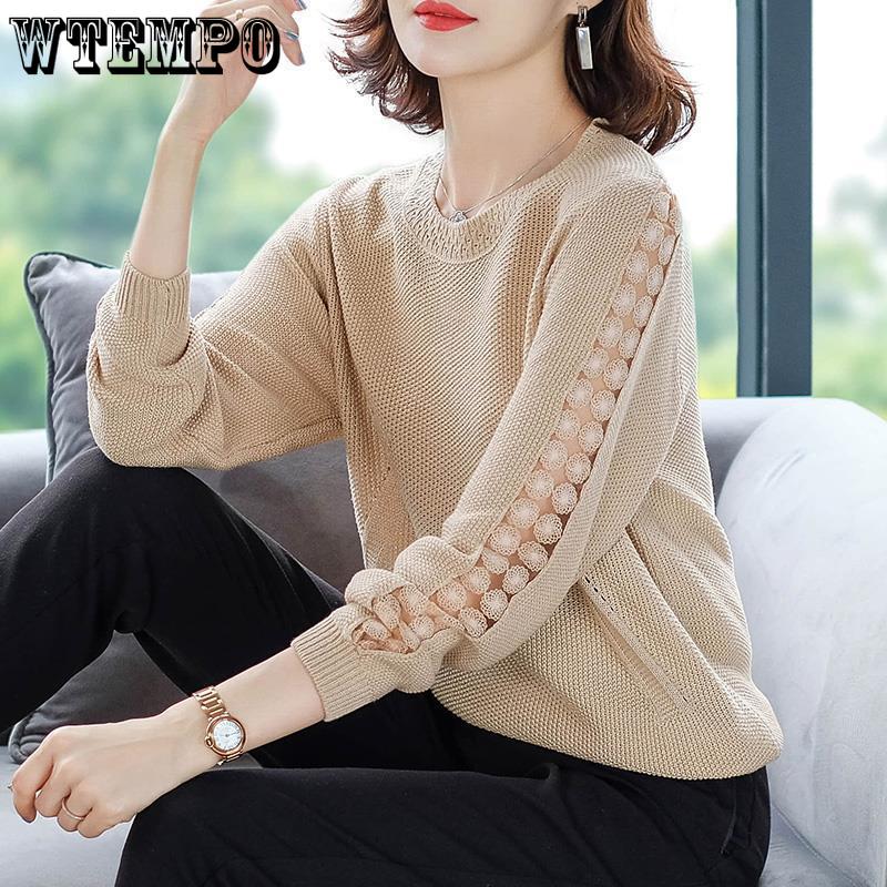 Stitching Lace Base Knitted Sweater Women Flowers Hollow Loose Round Neck Solid Color Casual Jumpers Female 2024 Spring