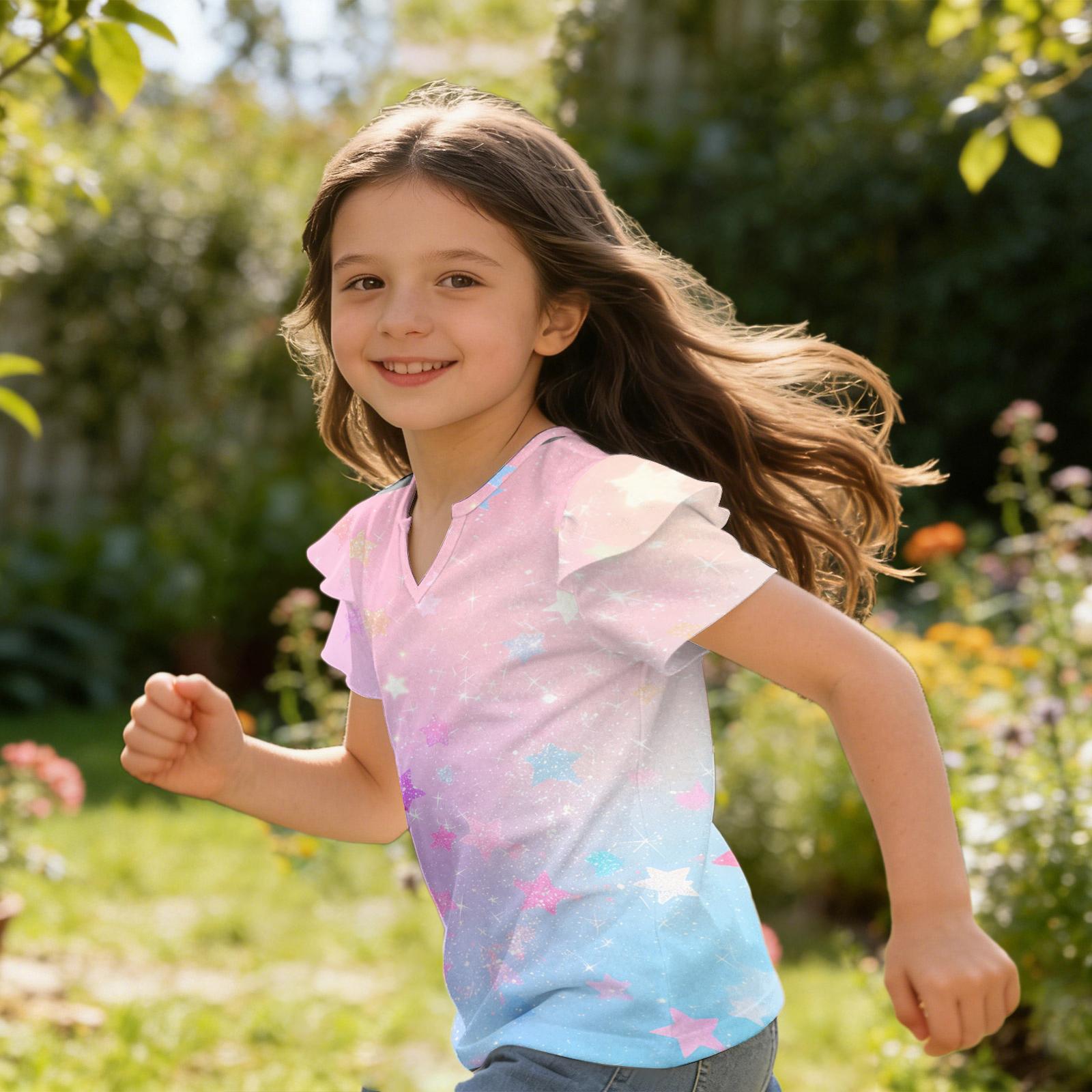 Girls V Neck Ruffle Sleeve Short Sleeve T Shirt Casual Top Lightweight Soft Fabric Comfortable Fit Summer Shirt 160