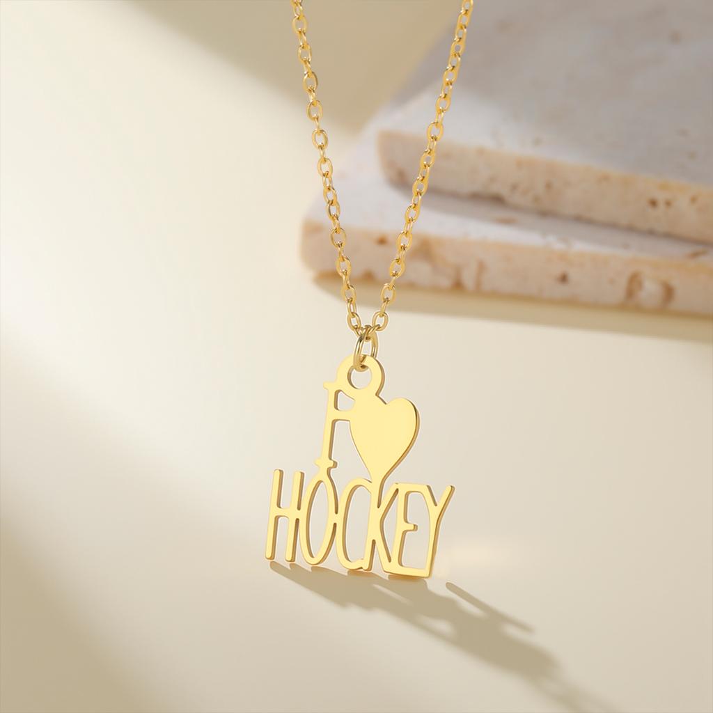 My Shape Fashion Letters I Love Hockey Pendant Necklaces Stainless Steel Heart Charm Chain Choker Jewelry Gifts for Hockey Fans