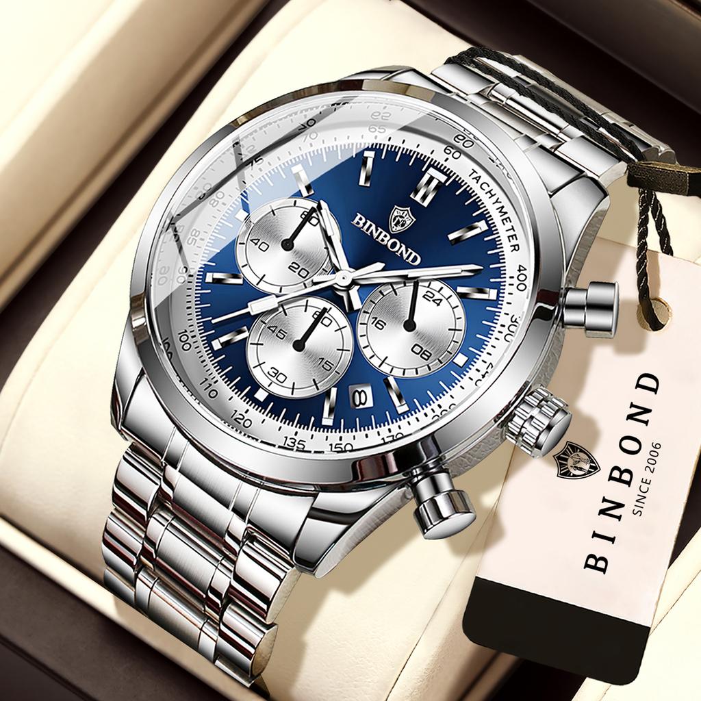 BINBOND Accurate Quartz Watches For Men Luxury Auto Date Chronograph Luminous Waterproof Men's Watch Stainless Steel Reloj