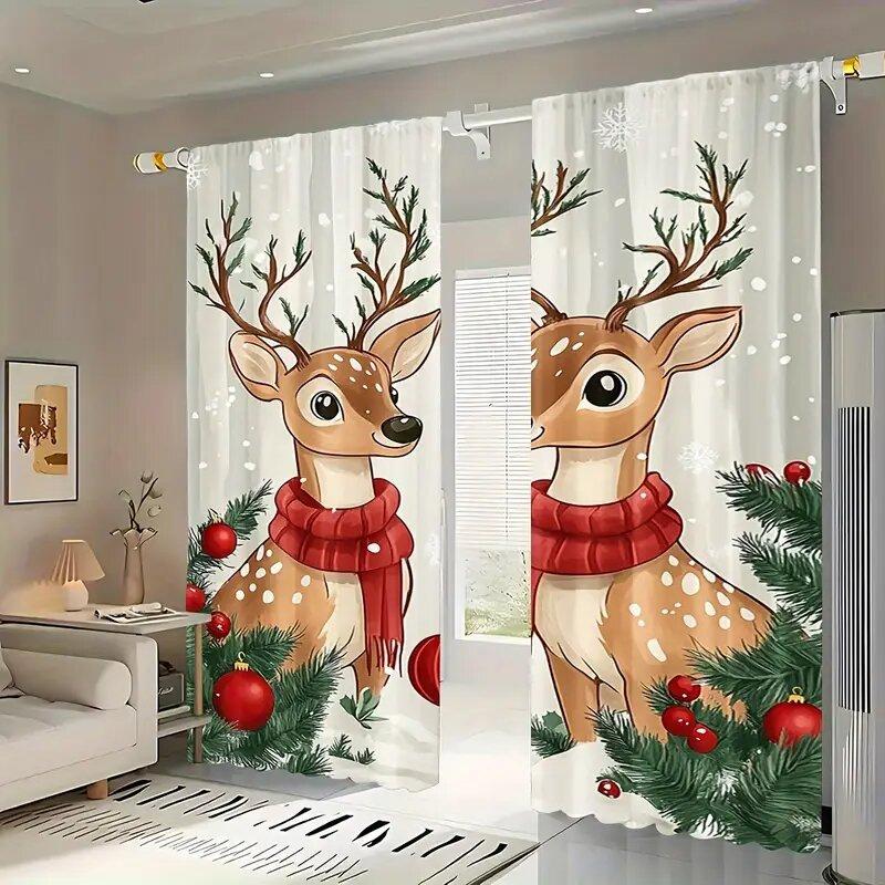 Christmas Reindeer Print Curtains Pole Bag Bedroom Living Room Decoration Home Curtain Polyester Perfect For