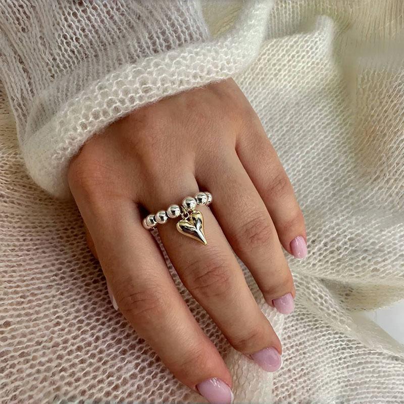 Punk Goldfarbe Herzanhänger Ringe Kreative Elastische Schnur Runde Perlenringe für Damen Herren Mode Statement Schmuck Zubehör
