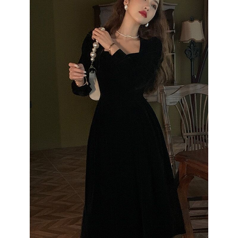 Little Black Dress Golden Velvet Dress Women's New Temperament Waist Celebrity Style Dress