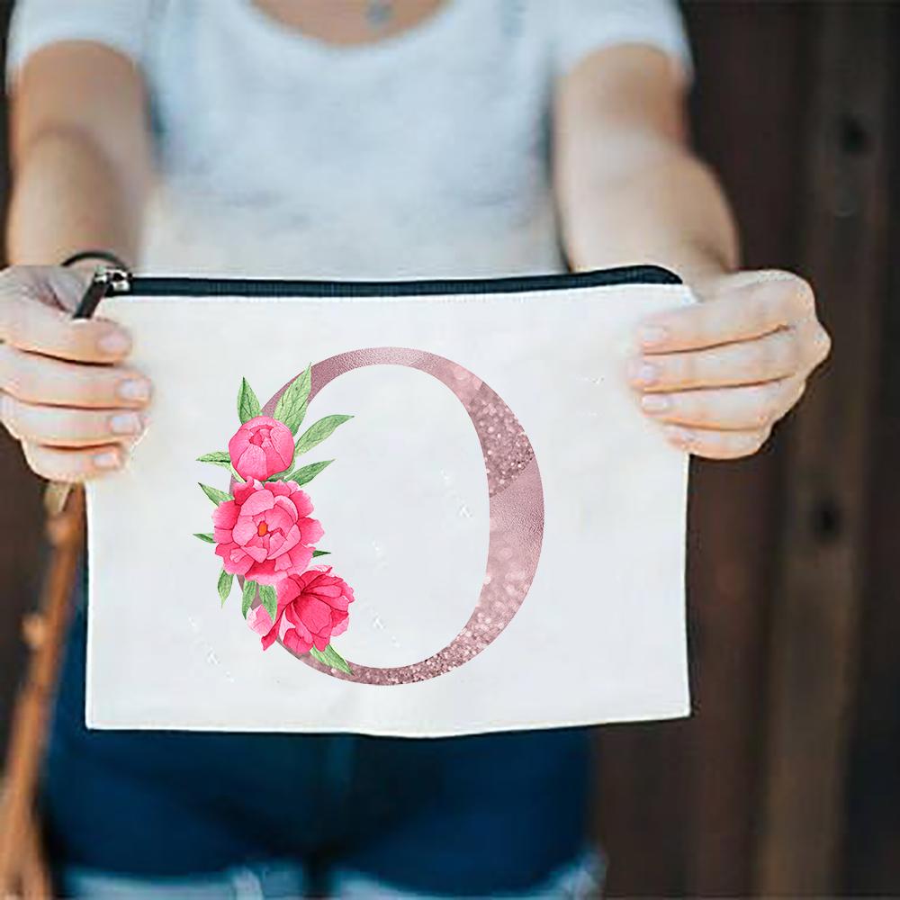 Pink Flowers Alphabet A-Z White Canvas Makeup Bags Zipper Cosmetic Pouch Ladies Casual Fashion Storage Organizer Make Up Bag