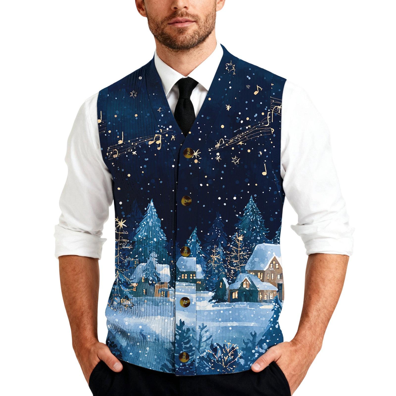 Herren Ärmellose Strick-Knopfleisten-Weste Weihnachtsmuster Feiertags-Freizeit-Layering-Top XL blau