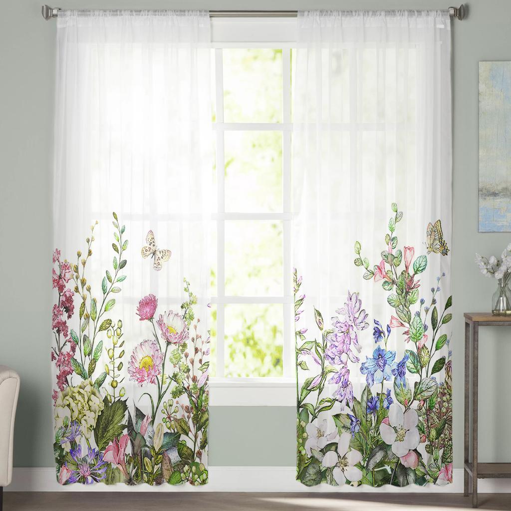 Vintage Watercolor Herb Modern Curtain For Living Room Transparent Tulle Curtains Window Sheer For The Bedroom Accessories Decor