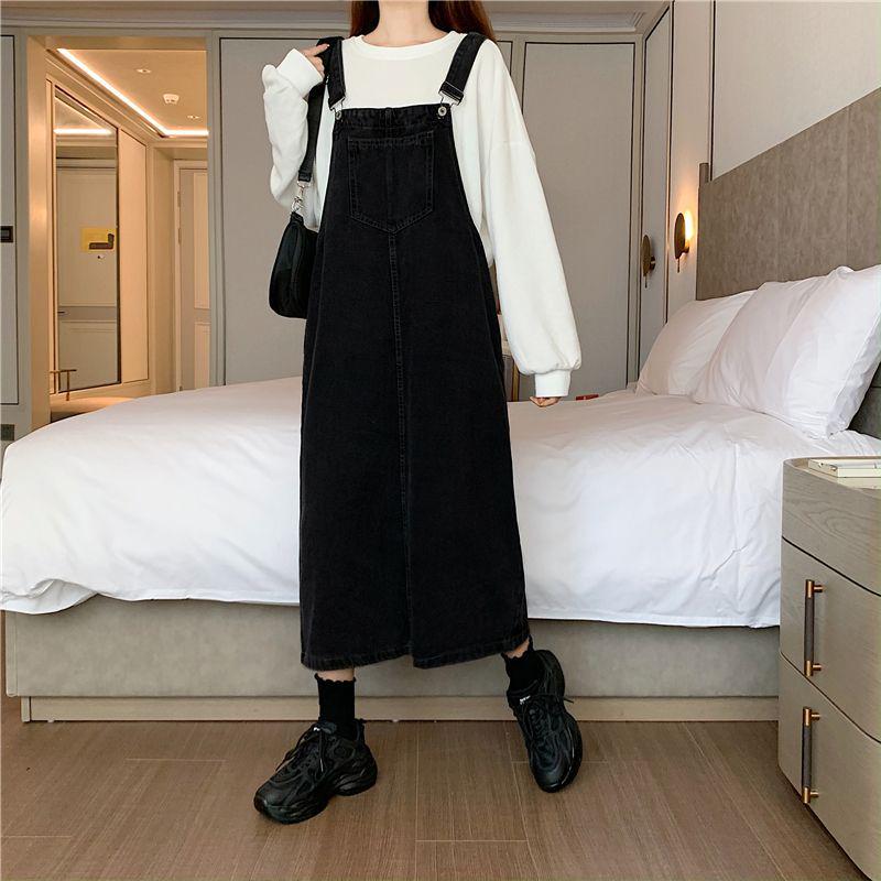 Women's Plus Size Slim Korean Denim Overall Skirt - Age-Defying, Loose, Mid-Length for Spring/Autumn