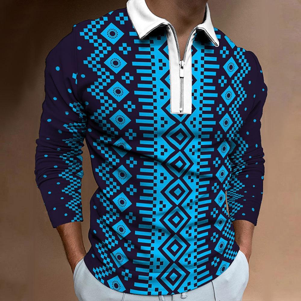 Men's Polo Shirt Digital Printing Men's Sweatshirt T-shirt Men's Autumn and Winter New Ethnic Style T-shirt Tops Men's Lapel Shirt