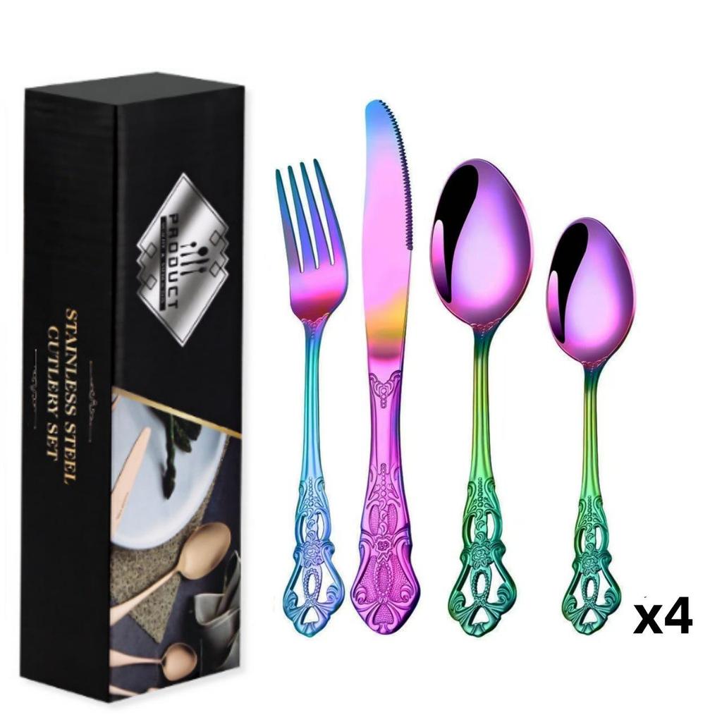 Royal Court 24-Piece Stainless Steel Cutlery Set - Embossed Hollow Steak Knives, Forks, and Spoons