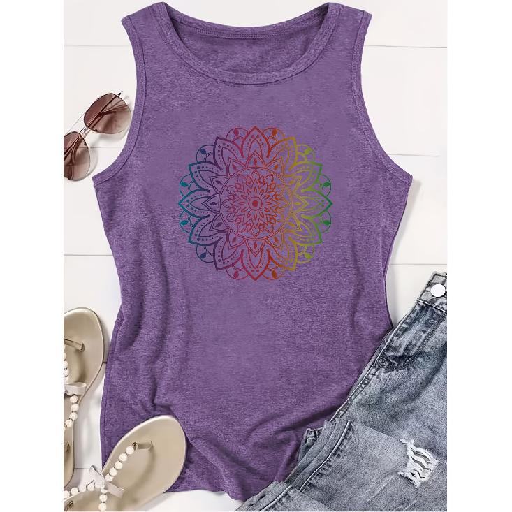 Elegant Vest for Women Gradient Rainbow Mandala Pattern Printed Casual Loose Summer Vest Fashionable Bohemian-style Tops for Commuting, Vacation, and