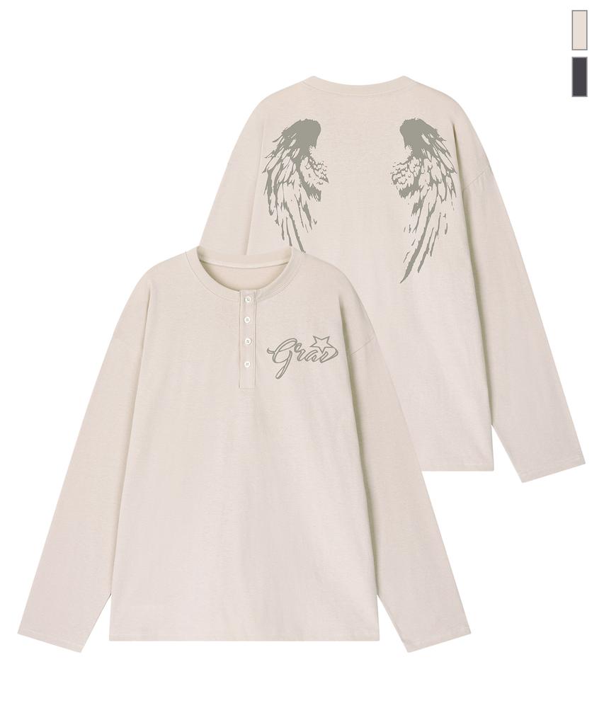 GRAVER [Unisex]Wings Henley Neck Long Sleeve T-Shirt_2 Colors