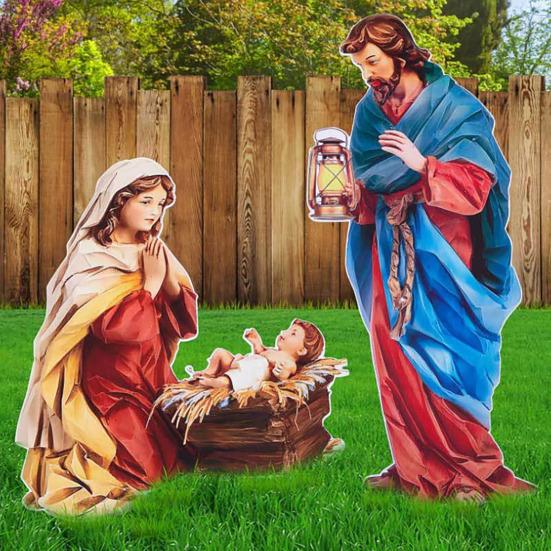 1 Set Nativity Scene Garden Stakes Christmas Outdoor Santa Baby Jesus Decorations Holy Family Yard Art Stakes with Lights for Front Yard Lawn