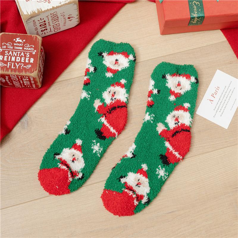 Kawaii Christmas Socks Autumn Winter Thicken Warm Mid-tube Plush Women Socks Coral Fleece Cartoon Homewear Floor Sleeping Socks