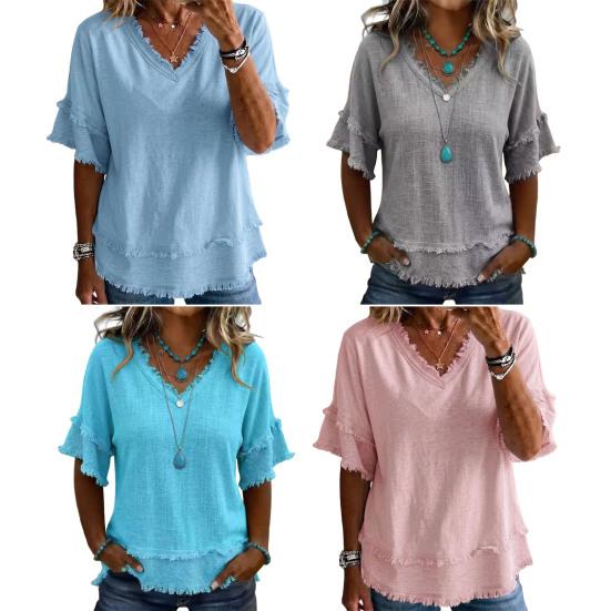 Women Tops, V-Neck Half Sleeve Summer T-shirt, Pure Color Loose Fit Tee Shirt with Fringe Trim, Casual Blouse for Work Party Vacation Office Date