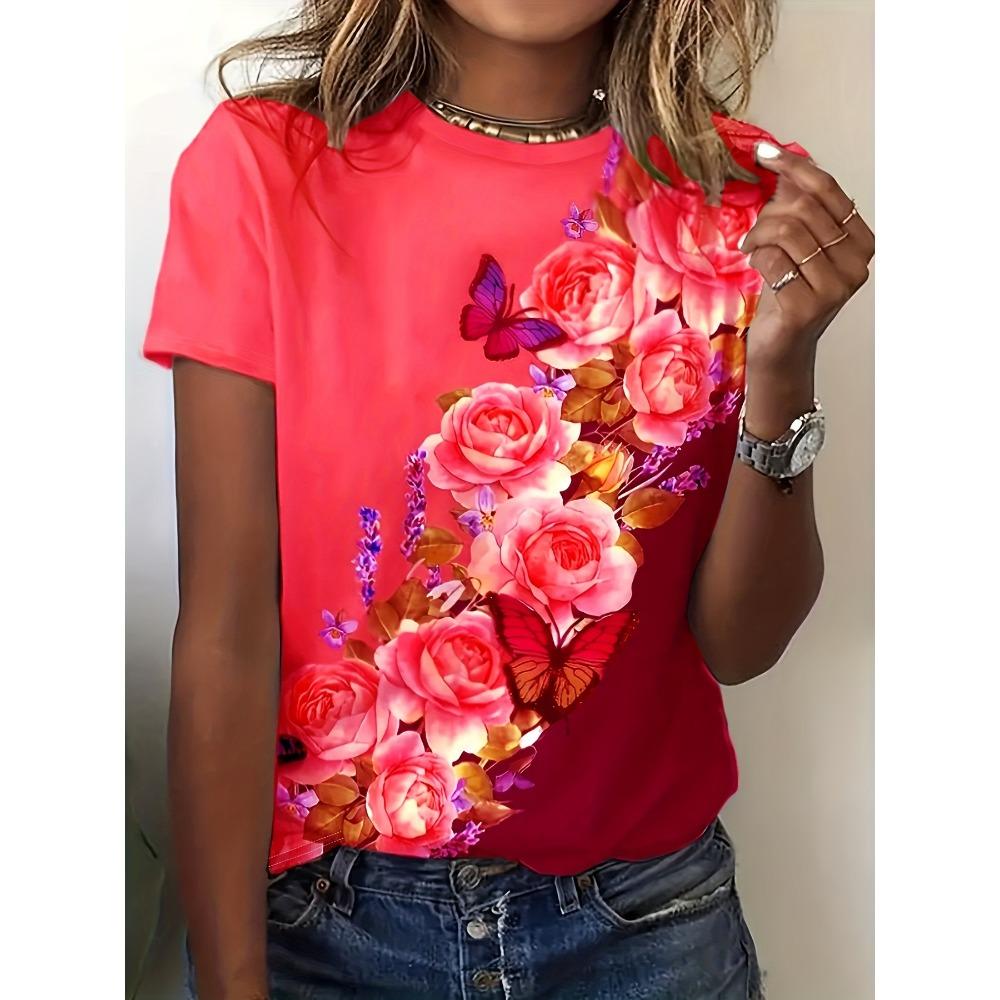 Plus Size Flower & Butterfly Print T-shirt, Casual Short Sleeve Crew Neck Top For Spring & Summer, Women's Plus Size Clothing