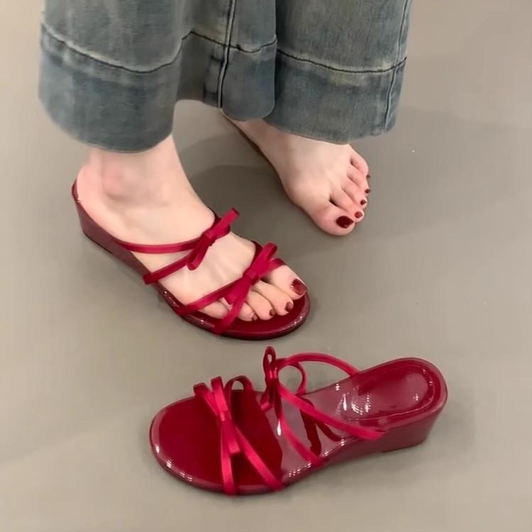 Soft Leather Version~ New Gentle Slope Heel Beautiful Outer Wear Cool Slippers Women's Thick Bottom One Pedal Bow Open-toed Sandals