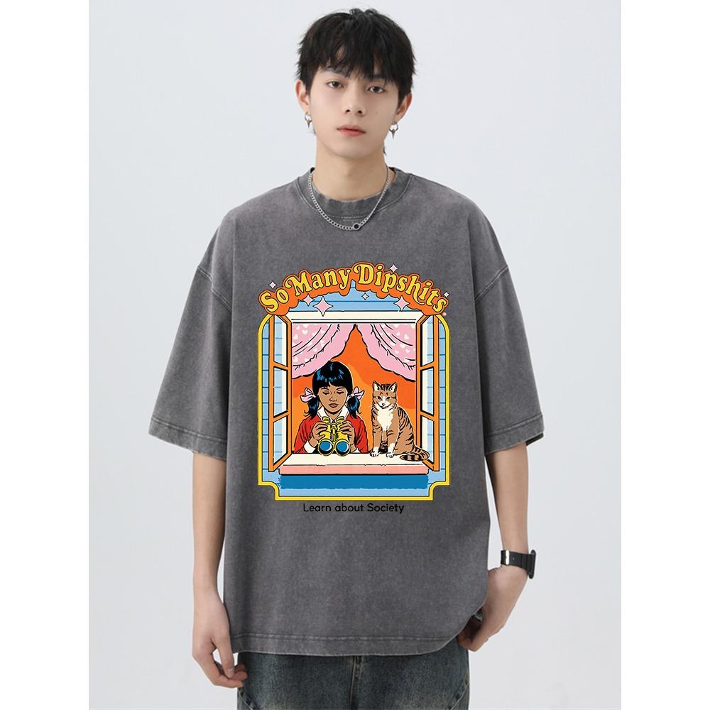 Carrying A Catlearn About Society Washed Retro Male Tops Summer Loose T-Shirt Cotton T-Shirt Clothes Casual T-Shirts