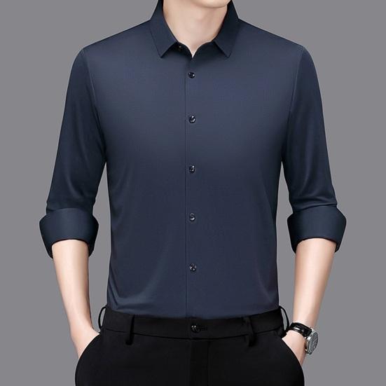 Men Shirt Lapel Long Breasted Shirt Color Elastic Fabric Tops Pure Sleeve Single Lightweight Breathable Shirt