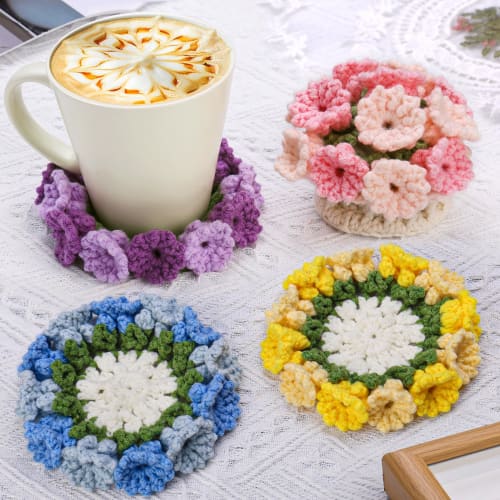 Beginner Crochet Kit, 4-Piece Coaster Plant Pot Crochet Kit, Crochet Starter Kit with Crochet Hooks and Yarn, Easy Video Tutorial for Office, Coffee T
